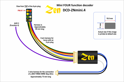 Zen Black Decoder: Classic small decoder shape with 8-pin harness. 4 Functions. Includes 1x ABC module